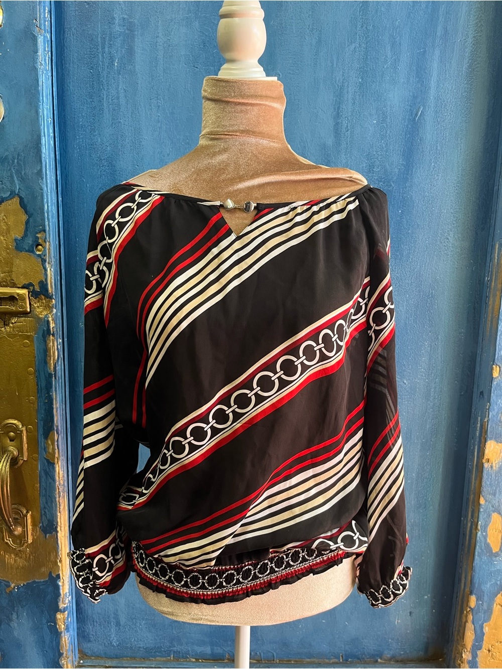 White House Black Market Black Red Cream Chain-Print Off-Shoulder Blouse